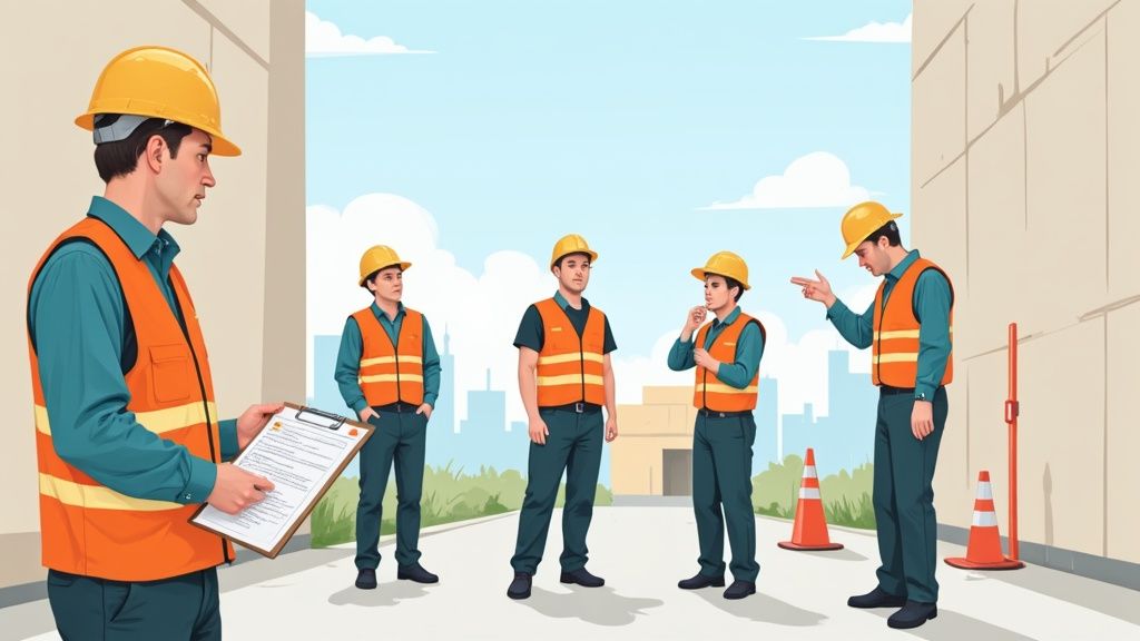 A construction manager discussing safety plans with a worker on site.