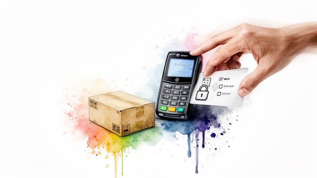 Hand inserting a secure payment card into a POS terminal next to a delivery box with watercolor art.