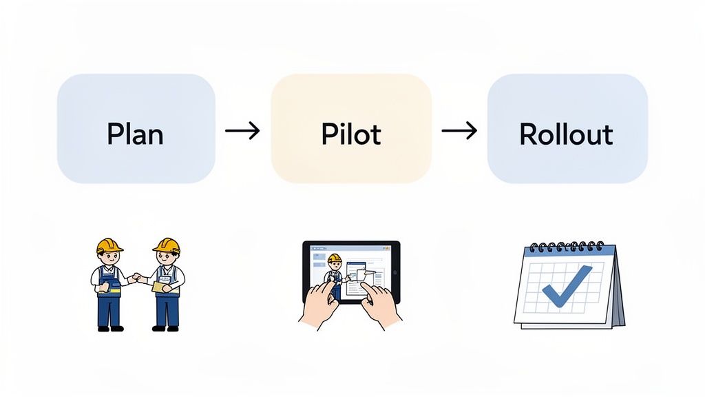 A three-step process diagram: Plan (workers shaking hands), Pilot (hands on tablet), and Rollout (calendar with checkmark).