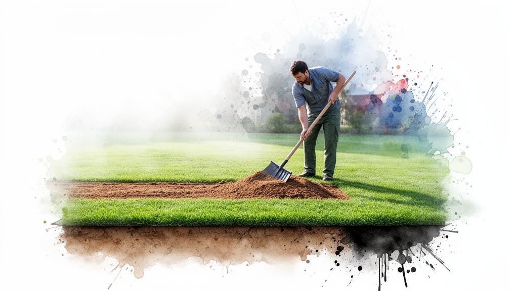 A man spreads brown soil with a rake on a vibrant green lawn, showing a cross-section of soil.