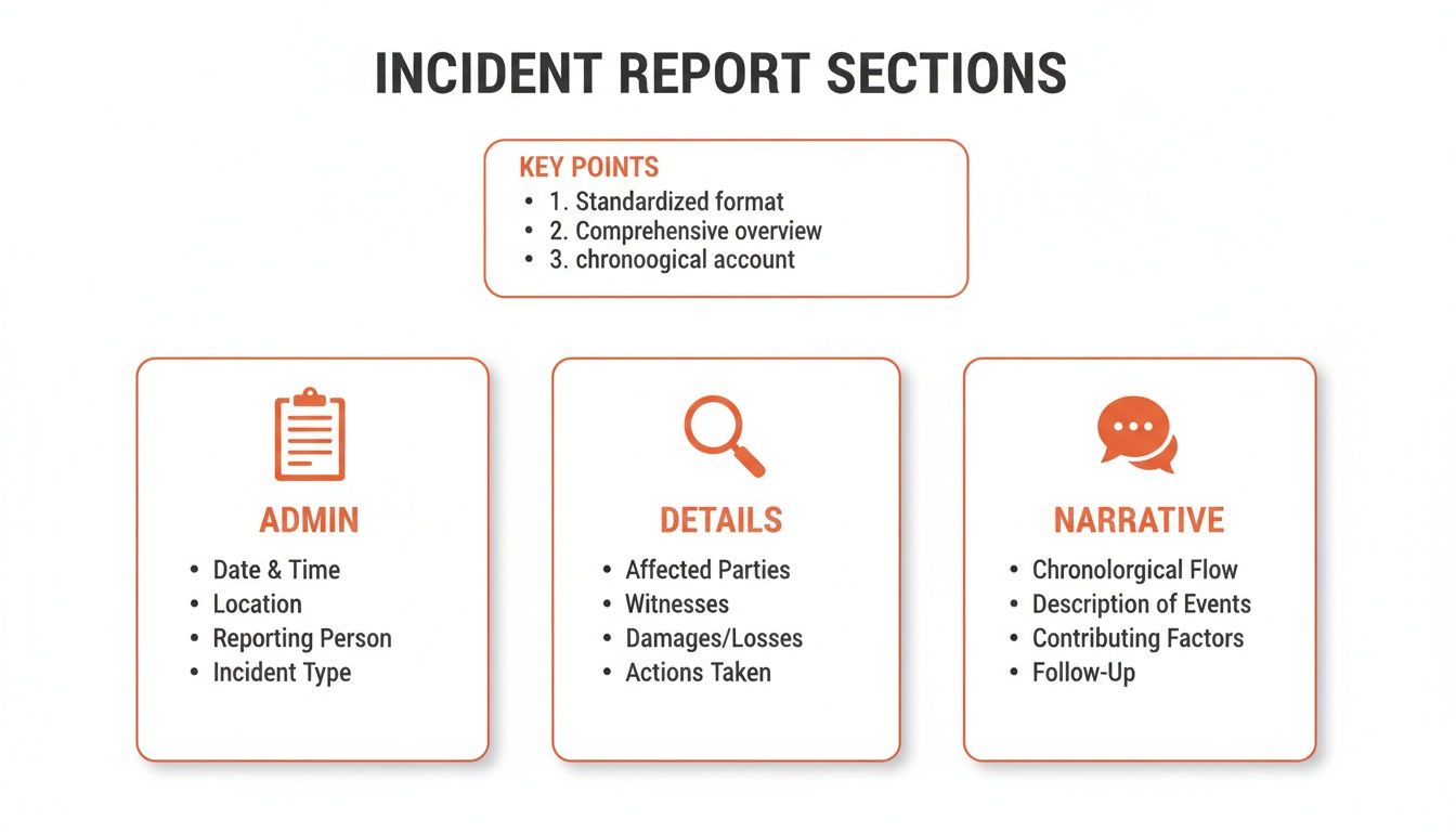 A diagram outlining key sections of an incident report, covering Admin, Details, and Narrative.