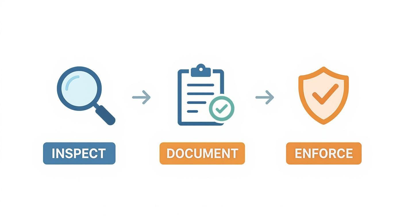 A three-step process diagram illustrating inspect, document, and enforce for compliance management.