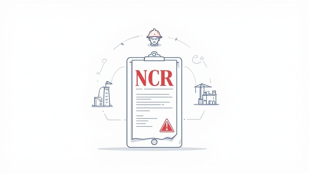 A graphic depicting a Non Conformance Report (NCR) on a clipboard, surrounded by industrial buildings and a worker, indicating issues.