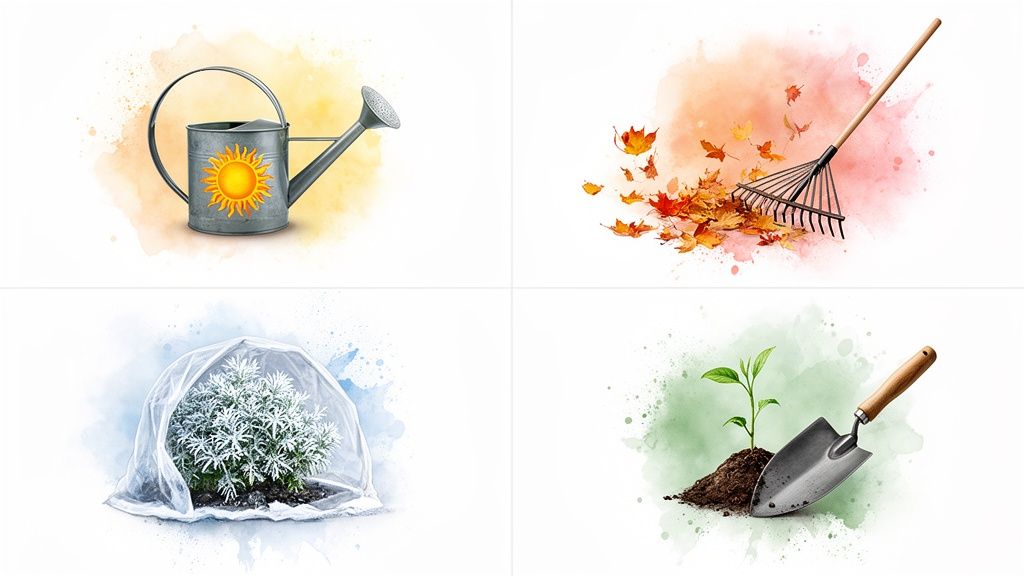 Four watercolor illustrations depicting seasonal gardening: a watering can, a rake with autumn leaves, a plant under cover, and a sprout with a trowel.
