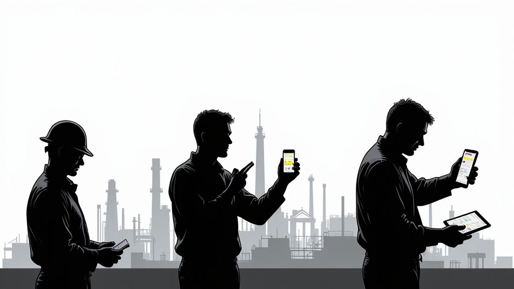 A manufacturing worker checks a safety app on their phone.