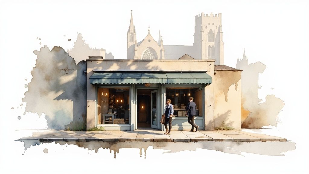 Watercolor illustration of a quaint storefront with two people outside, framed by faint church outlines.
