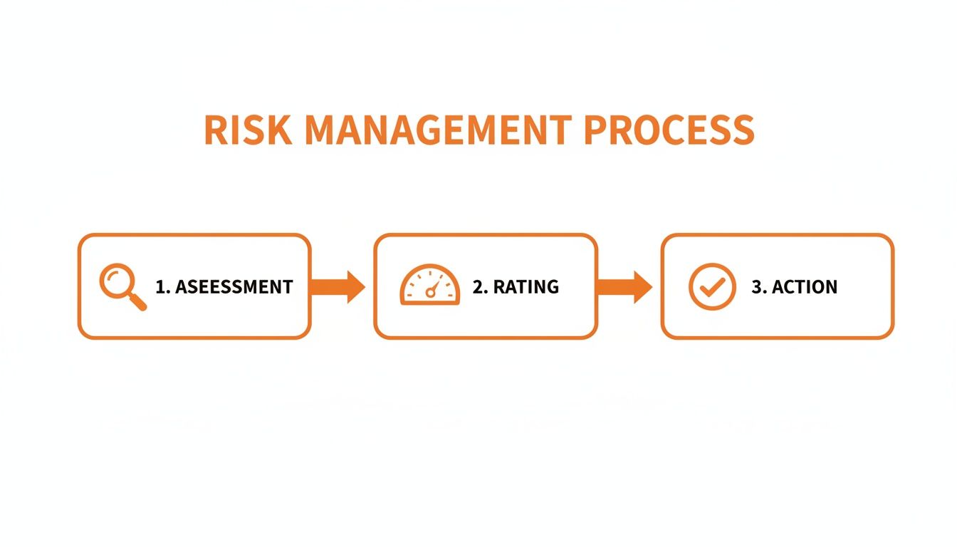 A diagram illustrating the risk management process with three steps: assessment, rating, and action.