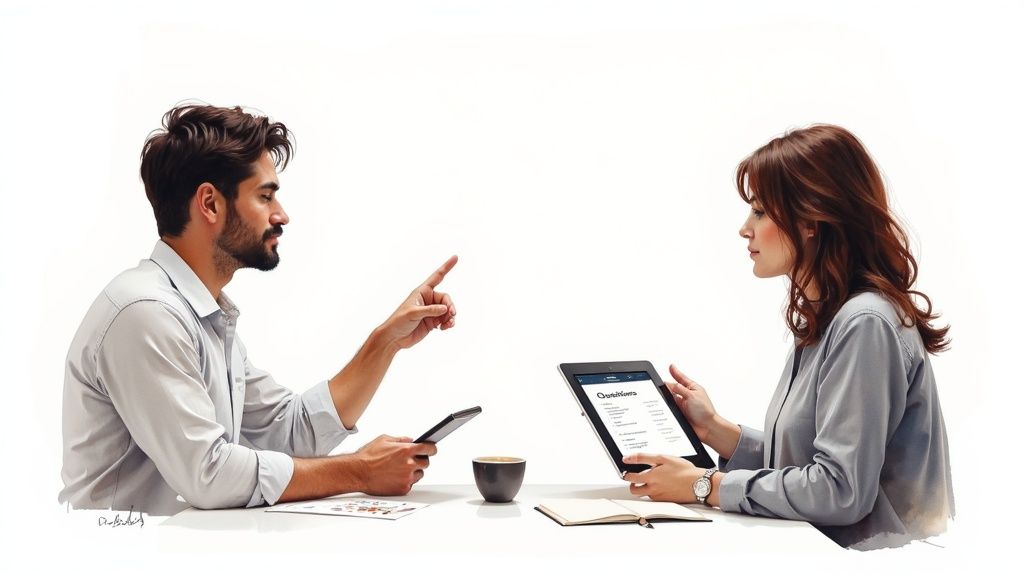Two business professionals having a discussion, one pointing while the other uses a tablet.