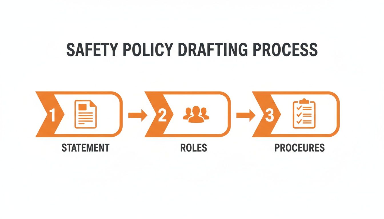 A three-step diagram outlining the safety policy drafting process: Statement, Roles, and Procedures.