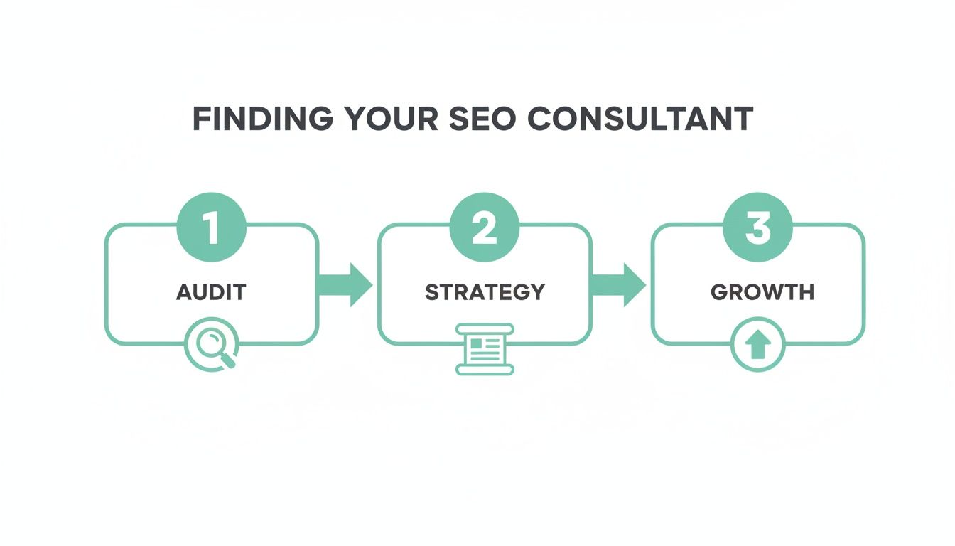 A three-step process diagram detailing finding an SEO consultant through audit, strategy, and growth.