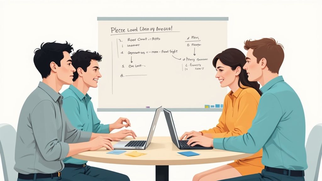 Four professionals in a meeting collaborating on laptops with a whiteboard in the background.