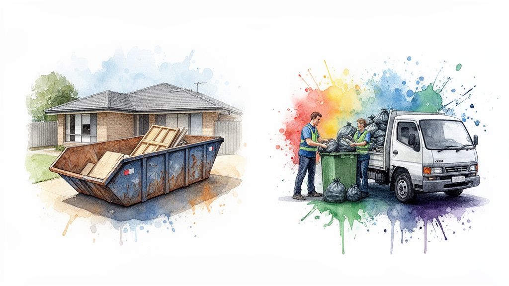 Watercolor image of residential waste management: a skip bin at a house and workers collecting rubbish bags.
