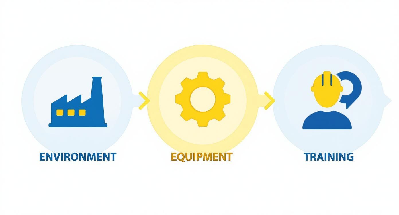 Infographic showing a 3-step horizontal flow of WHS duties, starting with a safe Environment (factory icon), followed by safe Equipment (gear icon), and proper Training (person speaking icon).