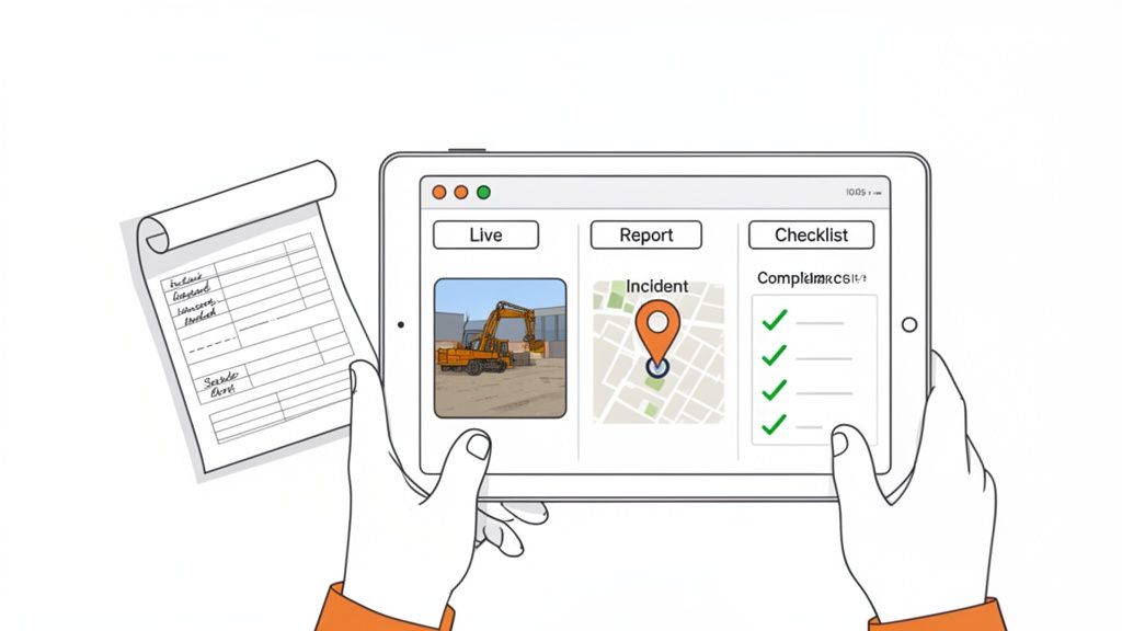 Hands hold a tablet displaying a work safety app with live view, incident map, and checklist, beside a paper form.