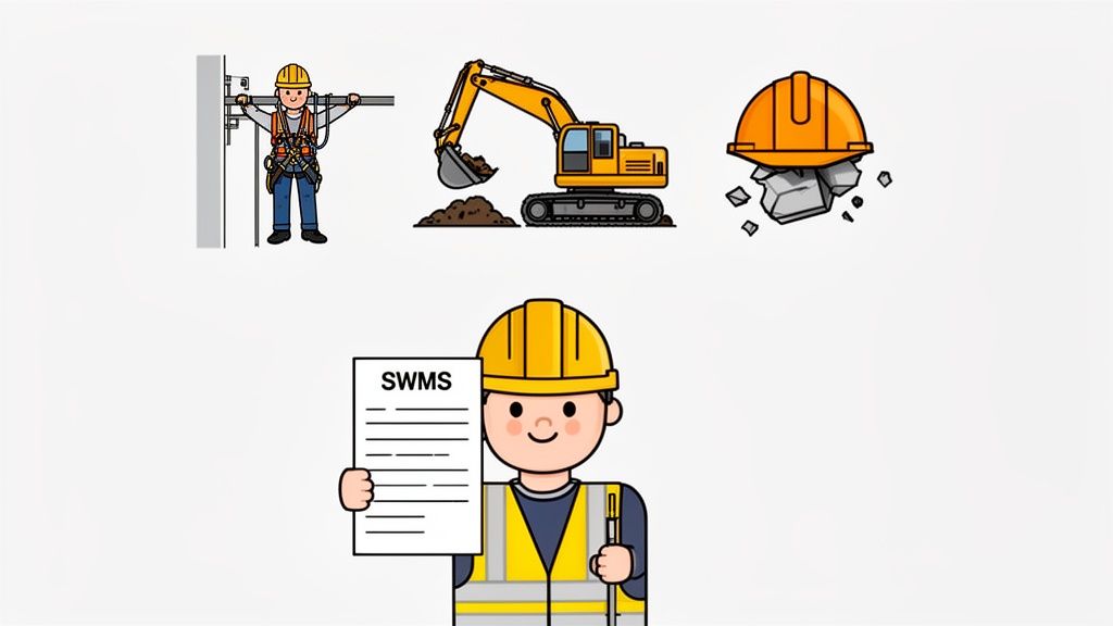 Illustrations depicting construction safety: a worker on scaffolding, an excavator, a hard hat, and a worker holding a SWMS.