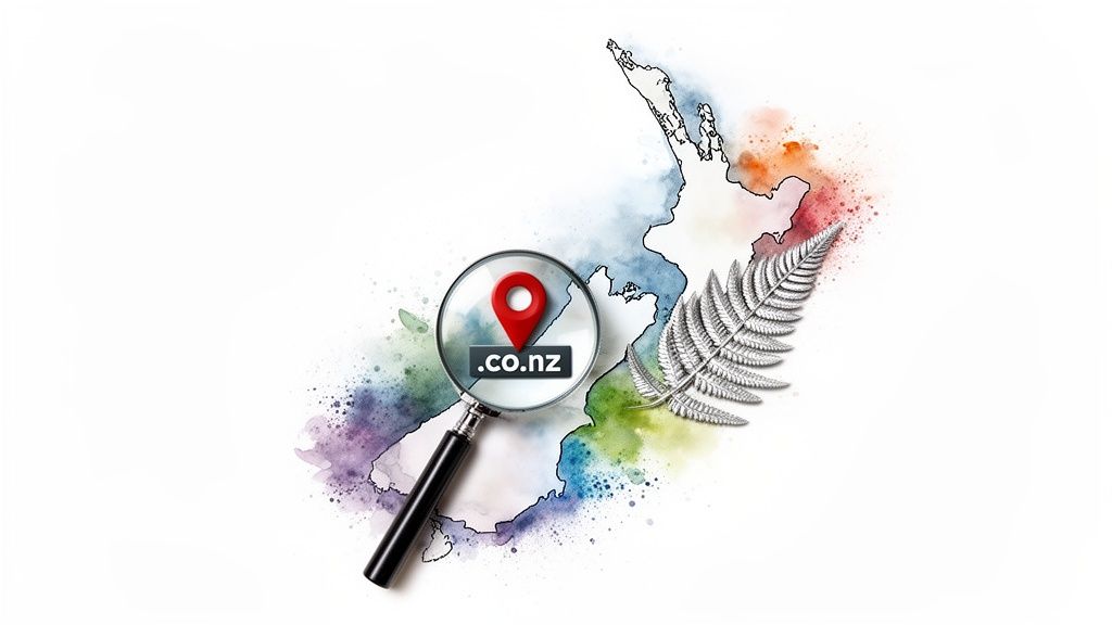 Watercolor map of New Zealand with a magnifying glass highlighting the .co.nz domain and a silver fern.