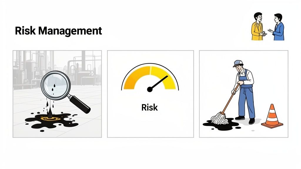 Illustration demonstrating risk management: identifying spills, assessing risk levels, and mitigating hazards in an industrial setting.