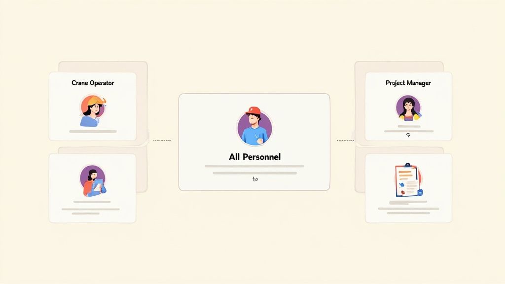 A construction manager pointing out details on a blueprint to two workers on an active building site.