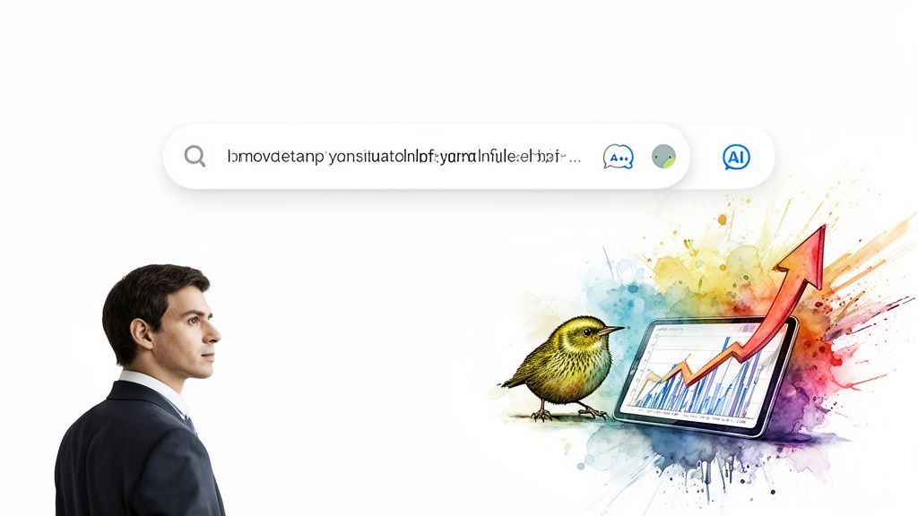 Man observing a bird and tablet with a rising graph, near an AI-enabled search bar, signifying data insights.