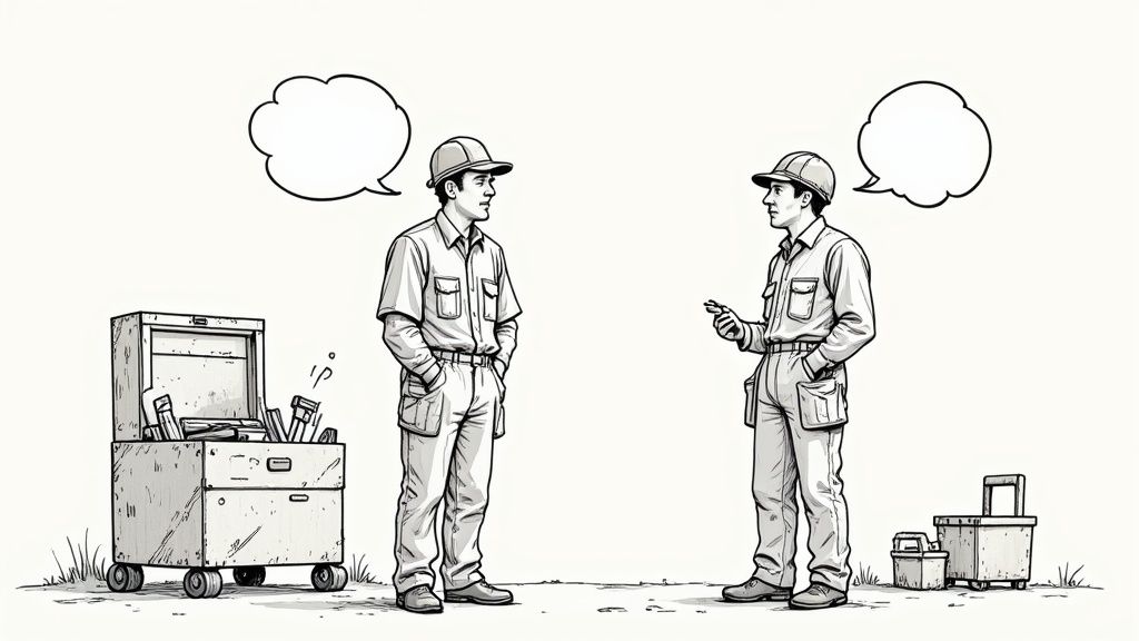 Two construction workers collaborating on a project in in an industrial setting.