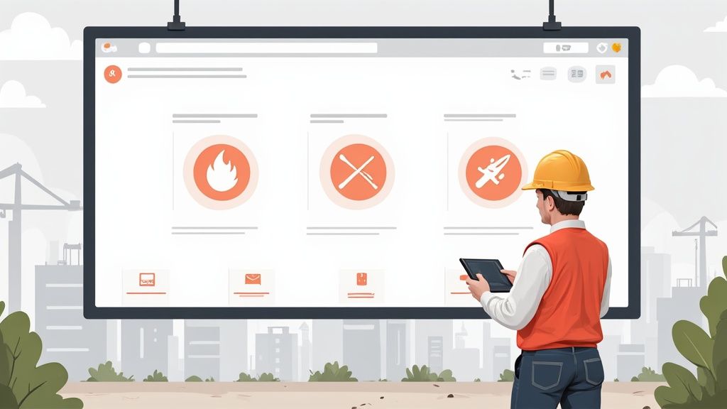 A modern, clean dashboard on a piece of heavy construction equipment, showing various gauges and warning lights.