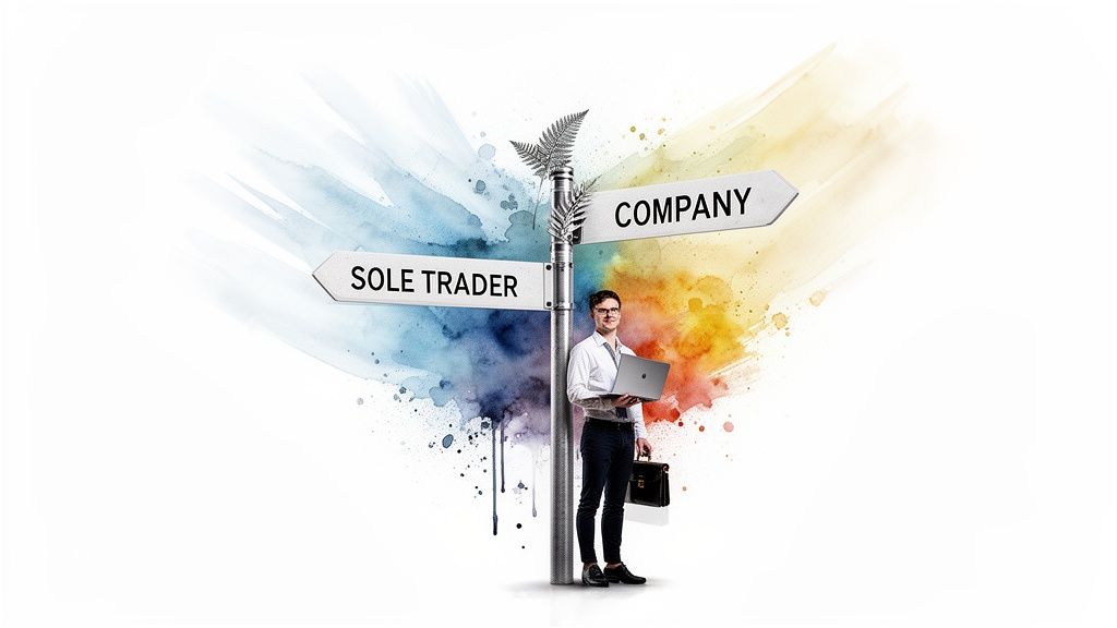 A man stands at a signpost, choosing between 'Sole Trader' and 'Company' business paths.