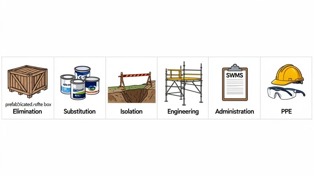 Illustrations of the Hierarchy of Controls for workplace safety: Elimination, Substitution, Isolation, Engineering, Administration, and PPE.
