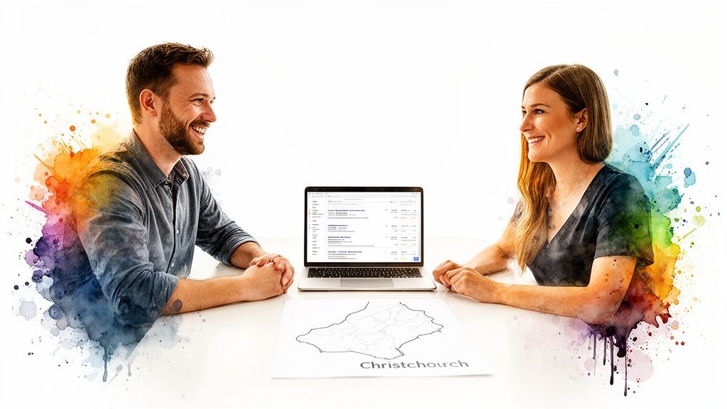 Two smiling people collaborating at a table with a laptop and a map of Christchurch.