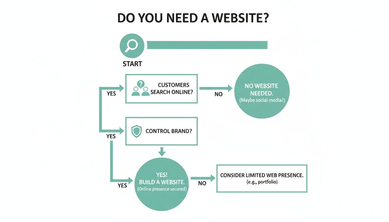 Flowchart guiding small businesses on whether to build a website based on customer search and brand control.