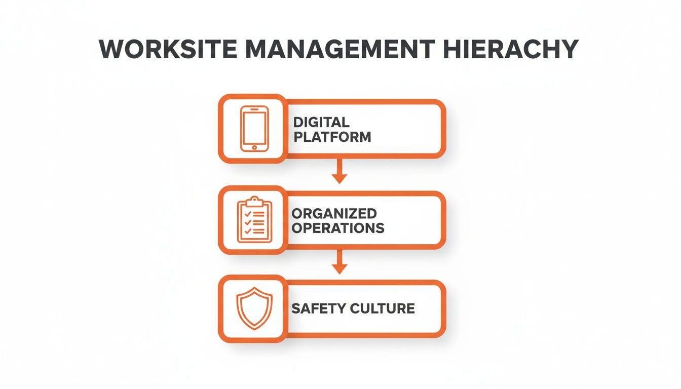 A worksite management hierarchy diagram showing a digital platform leading to organized operations and then safety culture.
