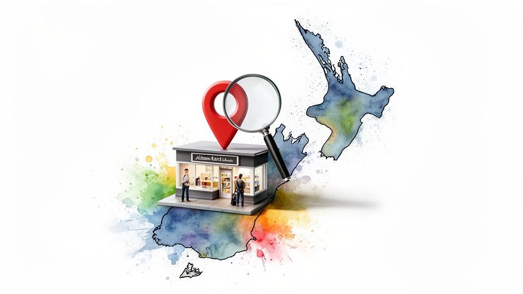 A small business storefront with a map pin and magnifying glass on a colorful watercolor map of New Zealand.