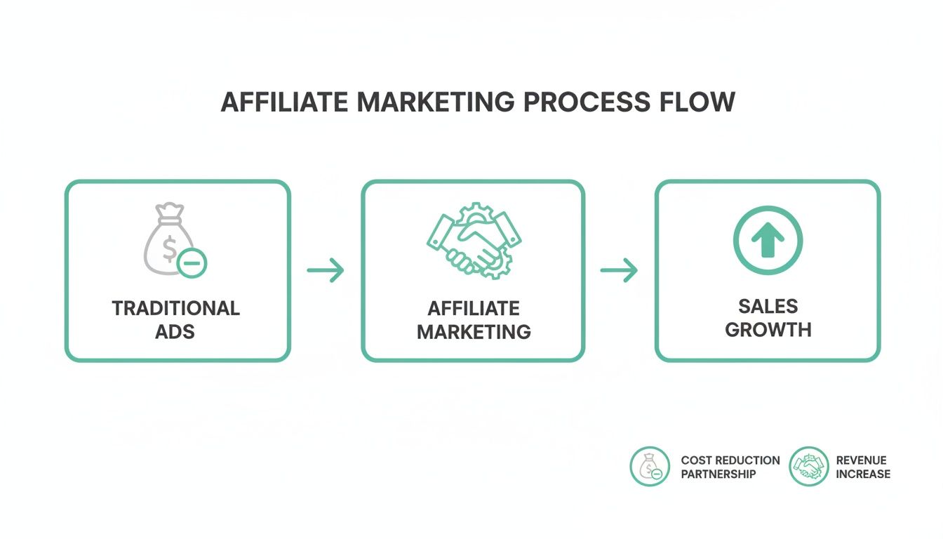 Affiliate marketing process flow diagram showing the transition from traditional ads to sales growth, highlighting cost reduction and revenue increase.