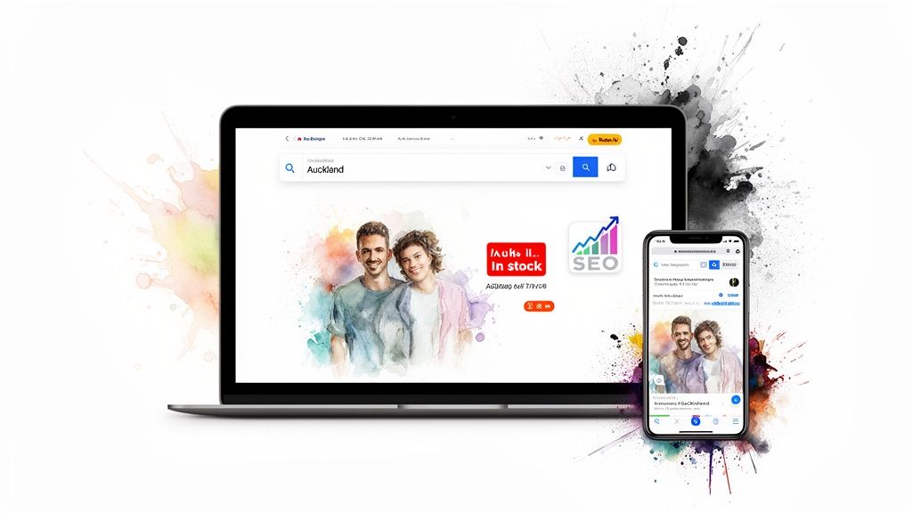 Laptop and smartphone display web search results for Auckland, featuring a couple, 'In stock,' and 'SEO' icons.