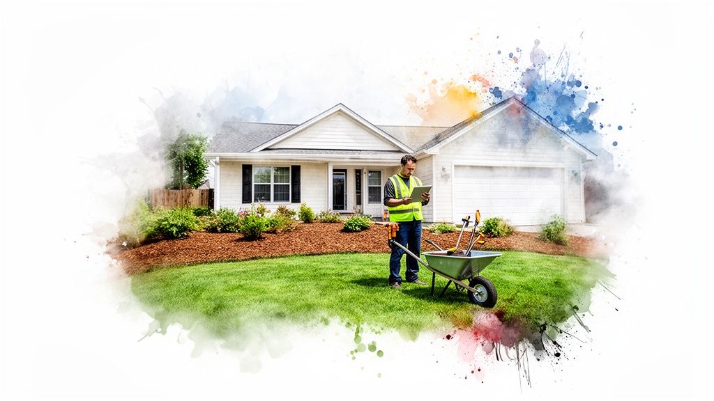 Ground maintenance worker checks a tablet on a lush lawn in front of a house with tools.