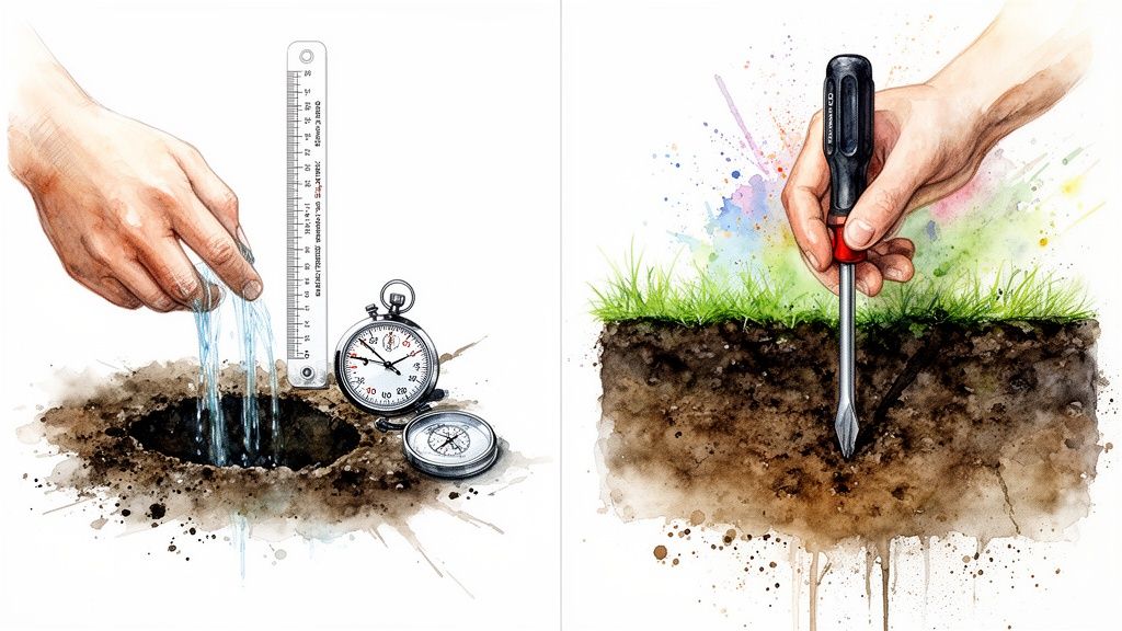 Illustrations demonstrating soil drainage and compaction tests with water, a ruler, stopwatch, and screwdriver.