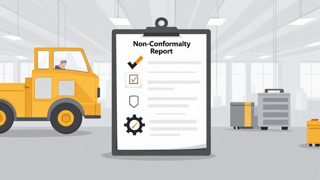 A large non-conformity report displayed on a clipboard in a factory setting with a yellow truck and storage units.