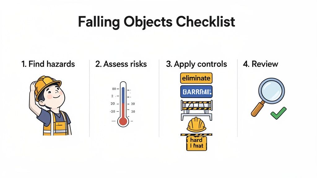 A 'Falling Objects Checklist' illustrating four safety steps: Find hazards, Assess risks, Apply controls, and Review.
