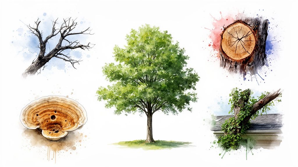 Watercolor illustrations show various tree elements: a vibrant green tree, bare branches, a log cross-section, shelf fungus, and a tree with ivy growing over a house.