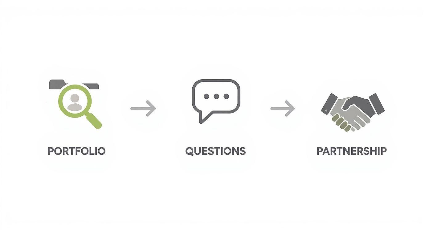 Infographic showing a 3-step flow to find a web designer, with icons for Portfolio, Questions, and Partnership.