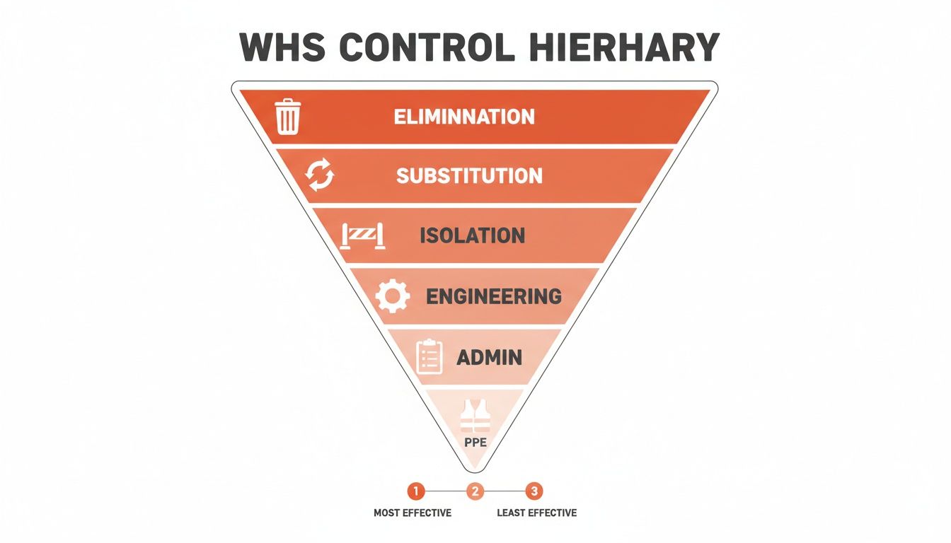 Diagram illustrating the WHS Control Hierarchy, an inverted pyramid ranking safety measures from most to least effective.