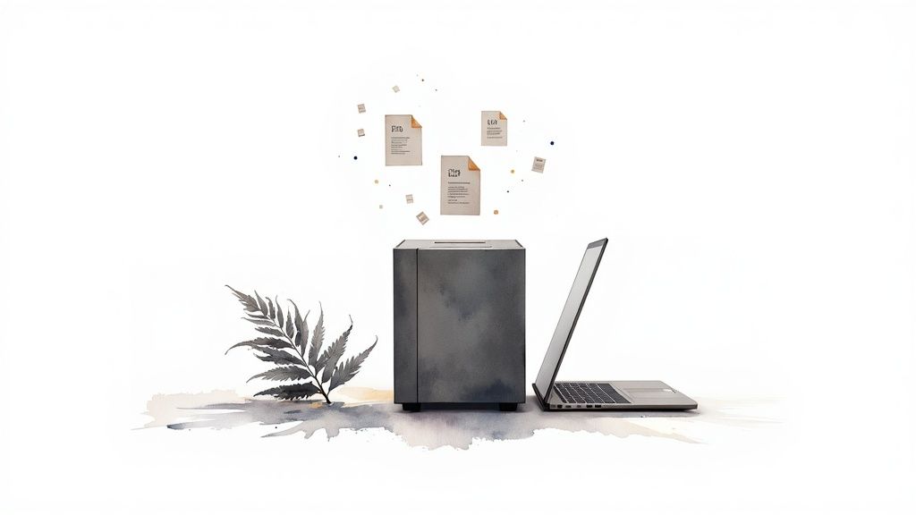 A dark server box with documents floating above, next to an open laptop and a fern.