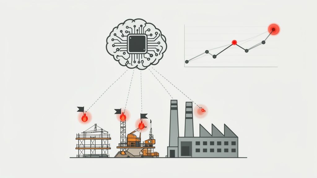 AI brain monitors industrial sites, detecting fires, gas leaks, and visualizing risks on a trend graph.