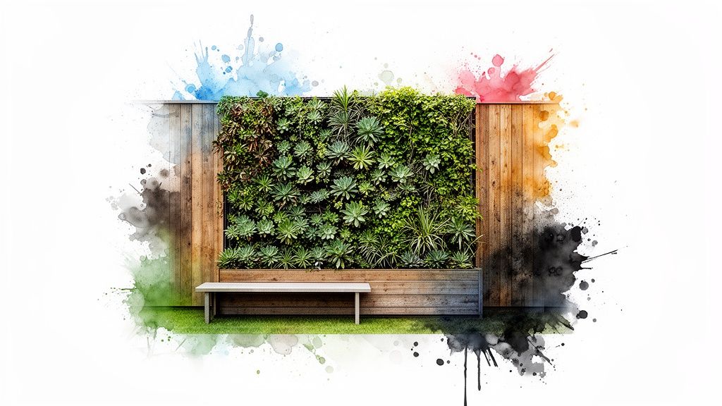 A vibrant vertical garden with succulents and green plants, a wooden fence, and a bench, surrounded by colorful watercolor splashes.
