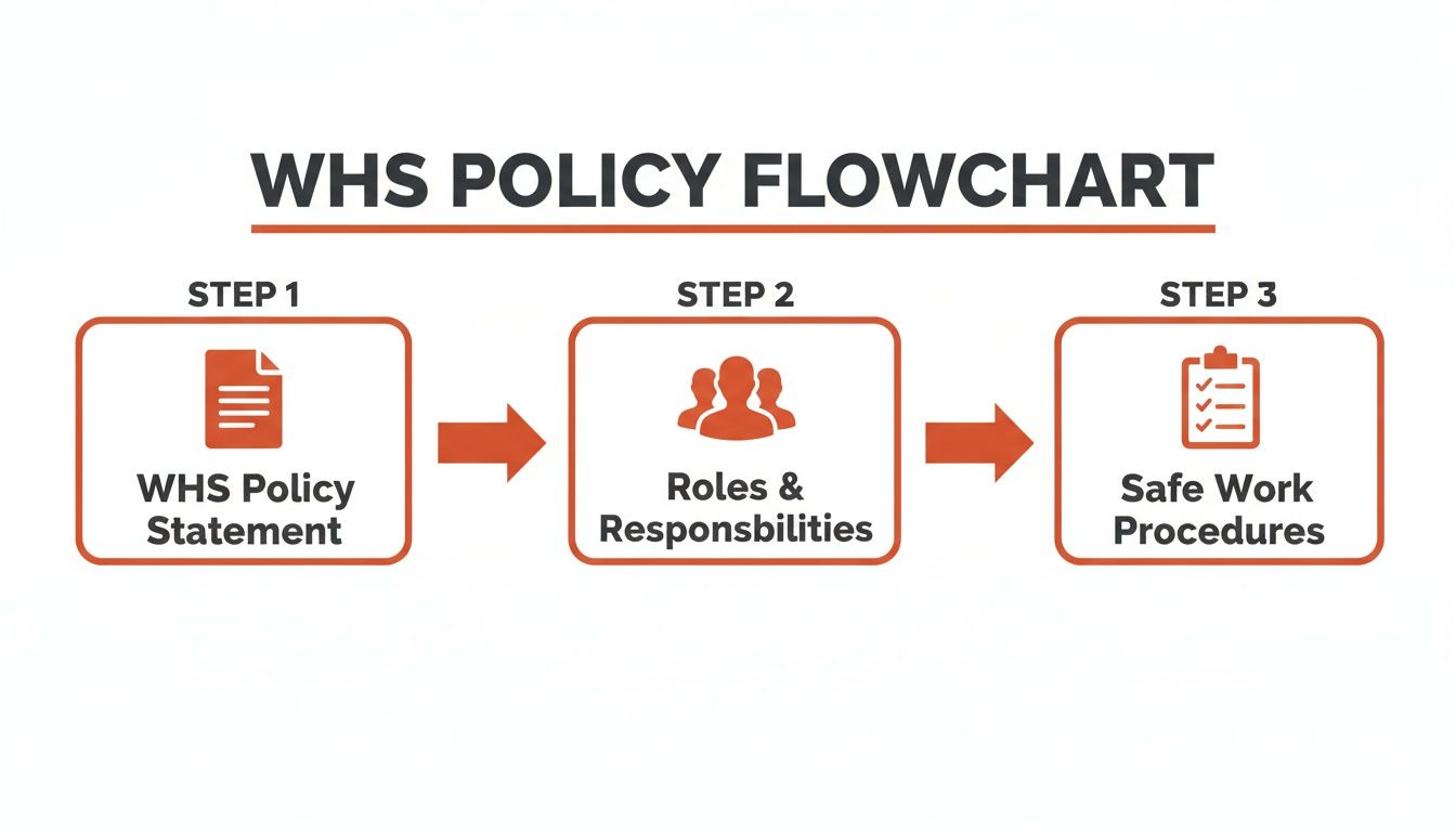 Flowchart outlining three steps of a Workplace Health and Safety (WHS) policy: statement, roles, and safe work procedures.