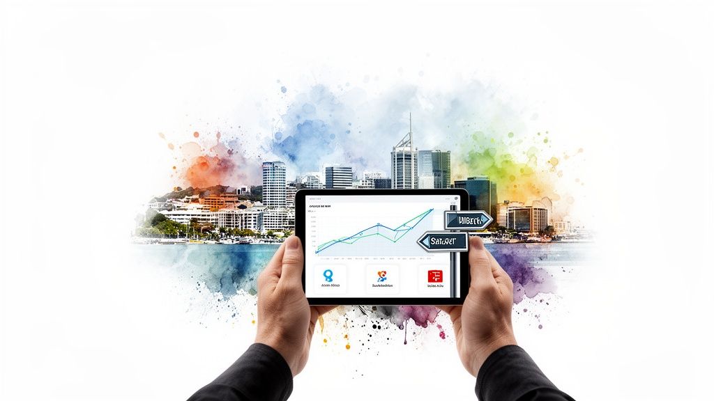 Hands holding a tablet displaying a business graph, overlaid on a colorful watercolor cityscape with text indicators.