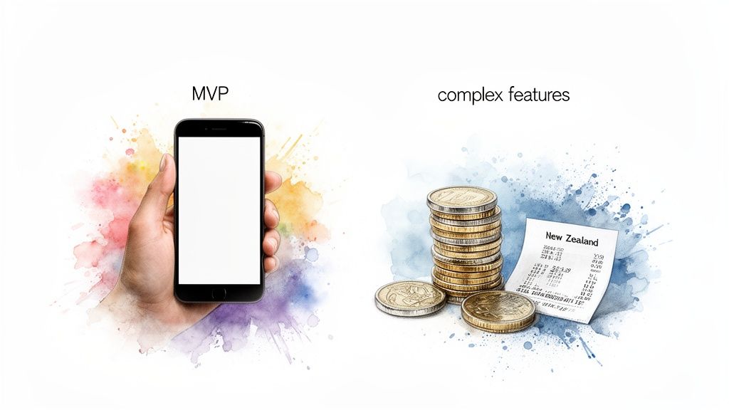 A hand holds a smartphone labeled MVP, contrasting with coins and a receipt for complex features.