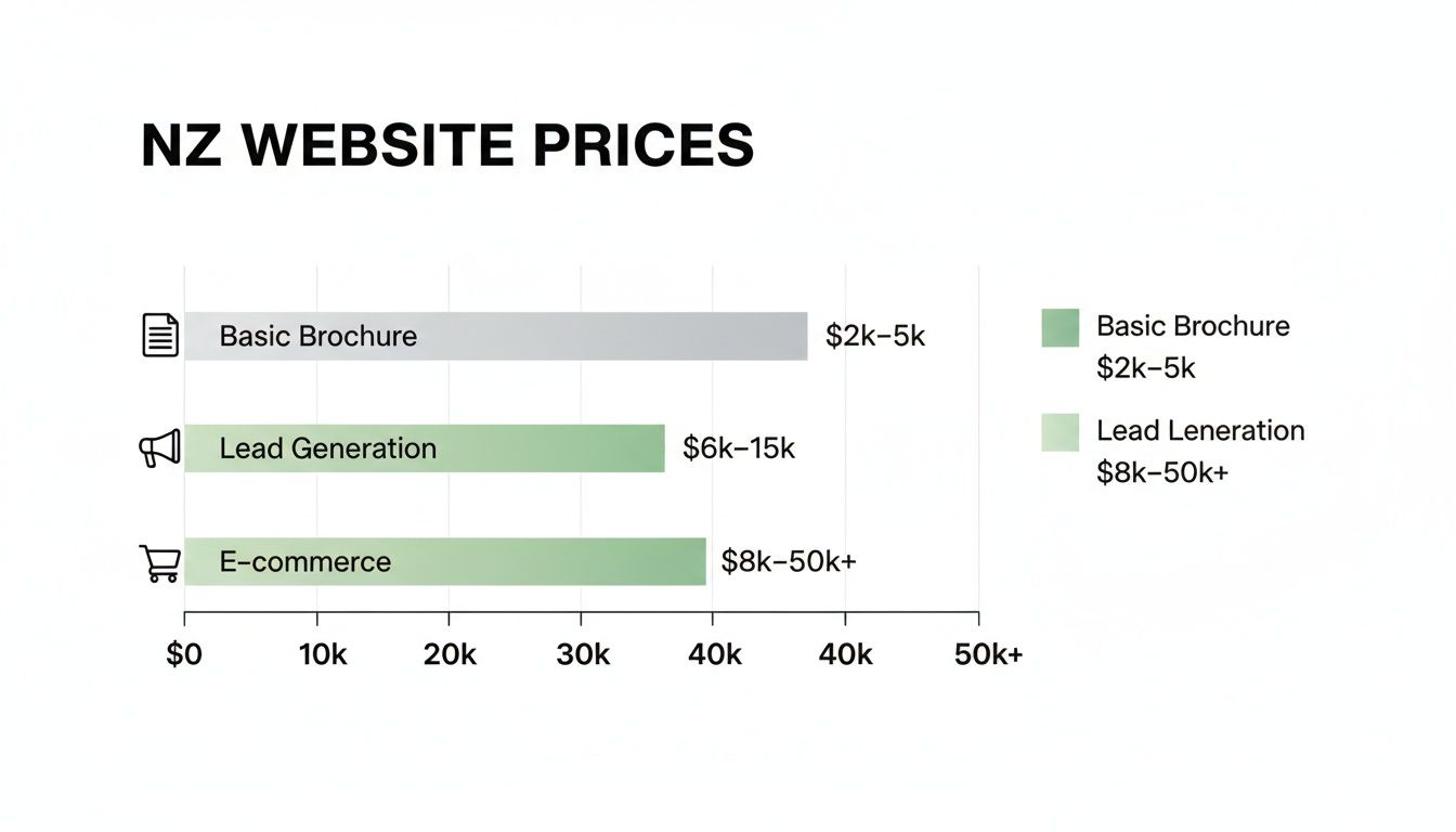 Horizontal bar chart illustrating New Zealand website design price list by type.