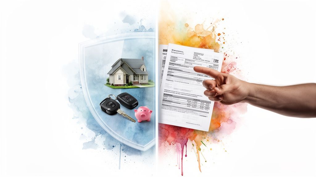 Shield protecting a house, car keys, and piggy bank, contrasted with a hand pointing at financial documents.