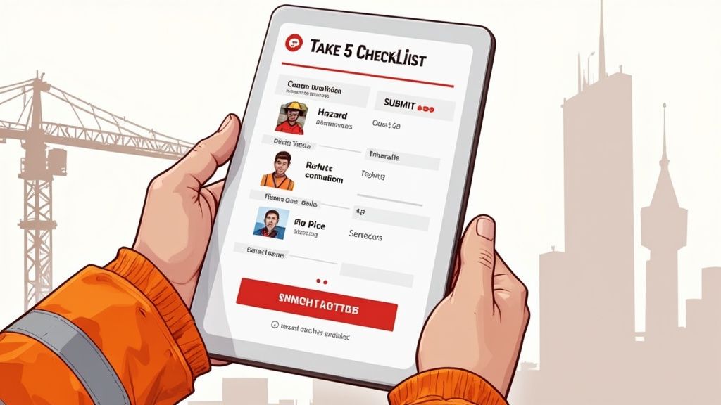 Person in safety gear holds a tablet displaying a 'Take 5 Checklist' app for risk assessment.