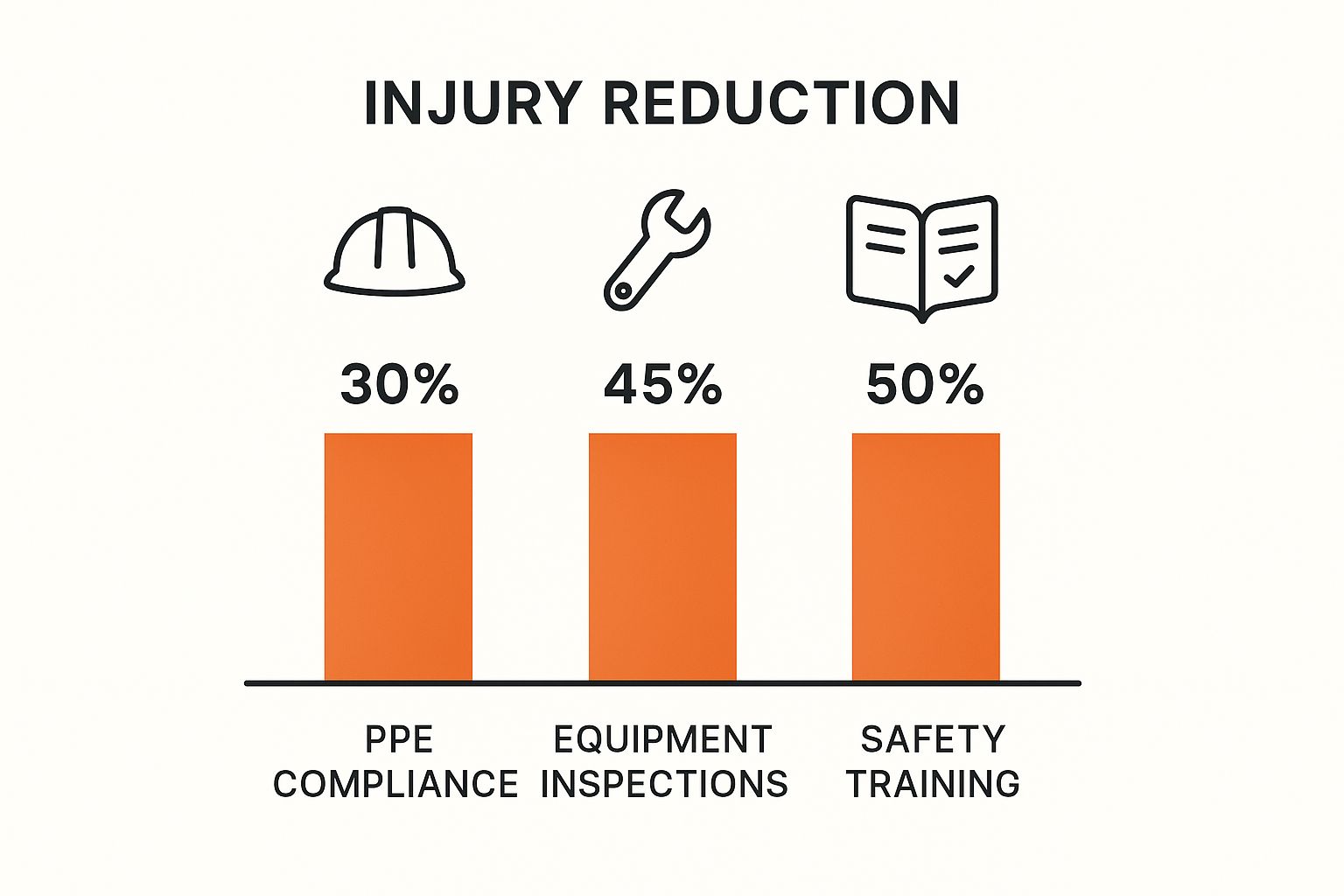 An infographic showing injury reduction percentages for different safety procedures: 30% for PPE compliance, 45% for equipment inspections, and 50% for safety training.